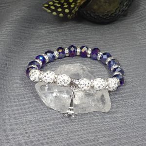 Csajos, csillogós karkötő Eiffel-toronnyal, sötétkék