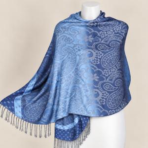 Kék-világoskék indás-virágos pashmina jellegű kendő