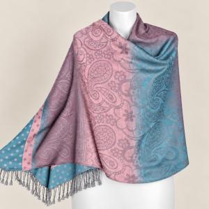 Mályva-kék indás-virágos pashmina jellegű kendő