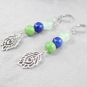 Páva fülbevaló, kék-zöld