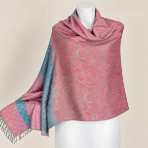 Pink-türkiz indás-virágos pashmina jellegű kendő