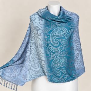 Világoskék-türkiz indás-virágos pashmina jellegű kendő