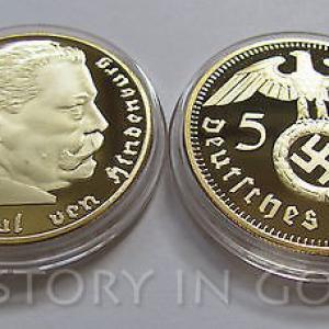 5 Reichsmark 1938 Paul von Hindenburg aranyozott utánveret