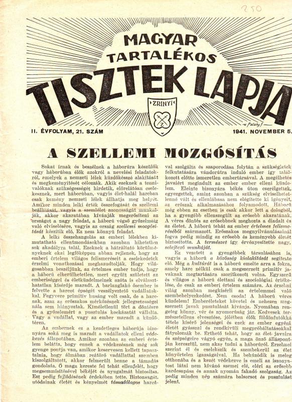 MAGYAR TARTALÉKOS TISZTEK LAPJA 1941. november 5. II. ÉVFOLYAM, 21. SZÁM