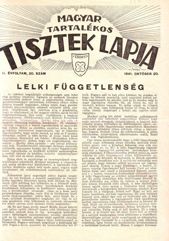MAGYAR TARTALÉKOS TISZTEK LAPJA 1941. OKTÓBER 20. II. ÉVFOLYAM, 20. SZÁM