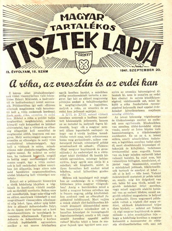 Magyar Tartalékos Tisztek lapja 1941. szeptember 20. II. évfolyam, 18. szám.