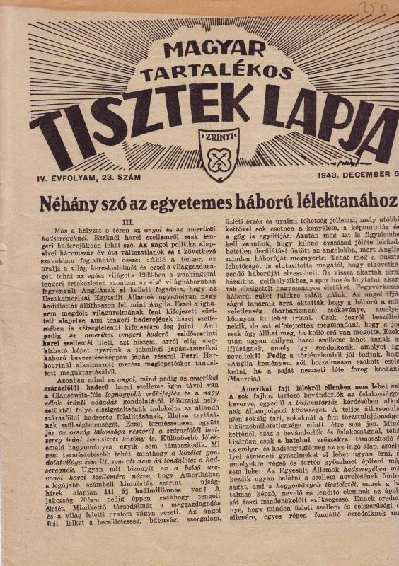 MAGYAR TARTALÉKOS TISZTEK LAPJA 1943. DECEMBER 5. IV. ÉVFOLYAM, 23. SZÁM