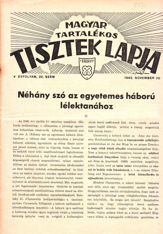 MAGYAR TARTALÉKOS TISZTEK LAPJA 1943. NOVEMBER 20. IV. ÉVFOLYAM, 22. SZÁM
