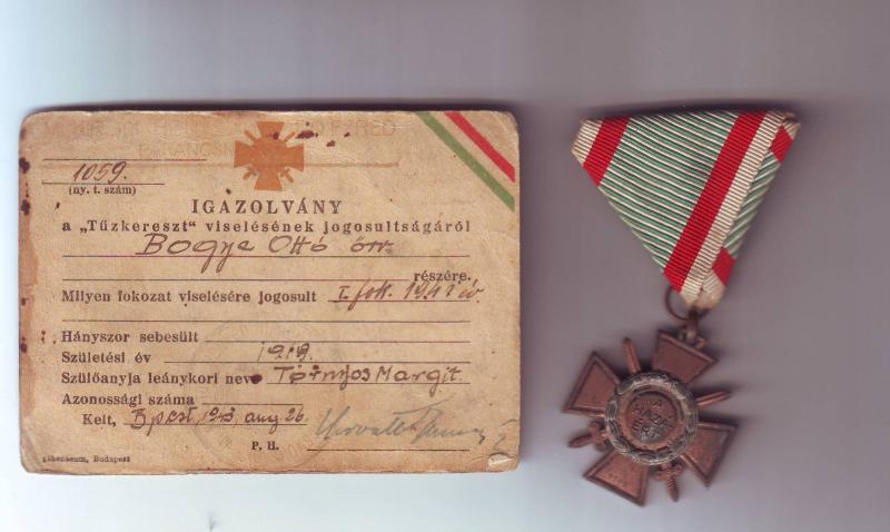 Tűzkerszt I. fokozata 1941/42 fordított beütéssel, igazolvánnyal