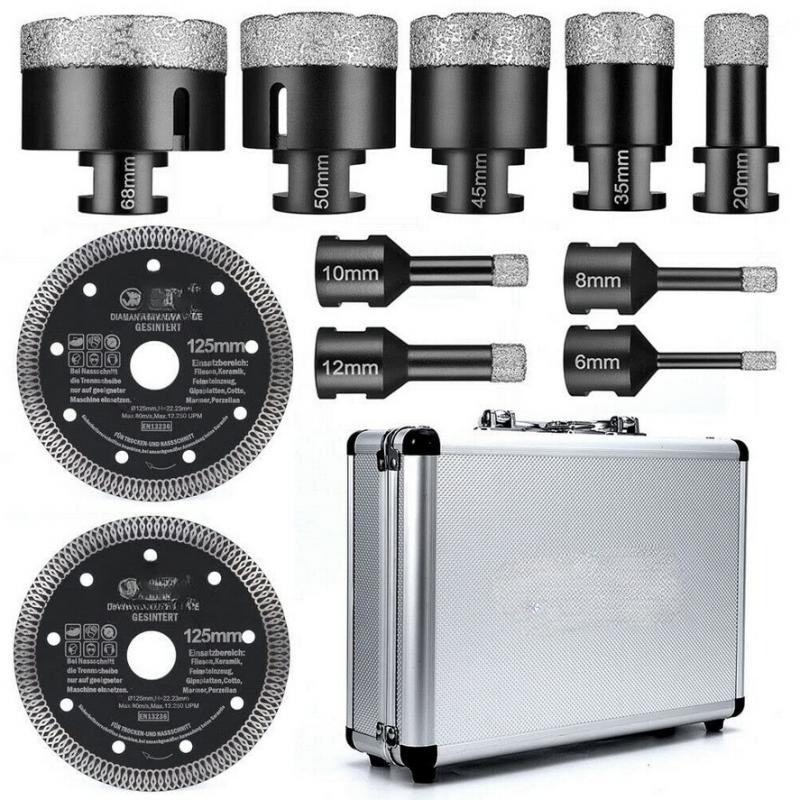 11 részes gyémánt csempefúró, gyémántfúrókorona készlet sarokcsiszolóhoz, 6–68 mm + 125 mm vágótárcsa