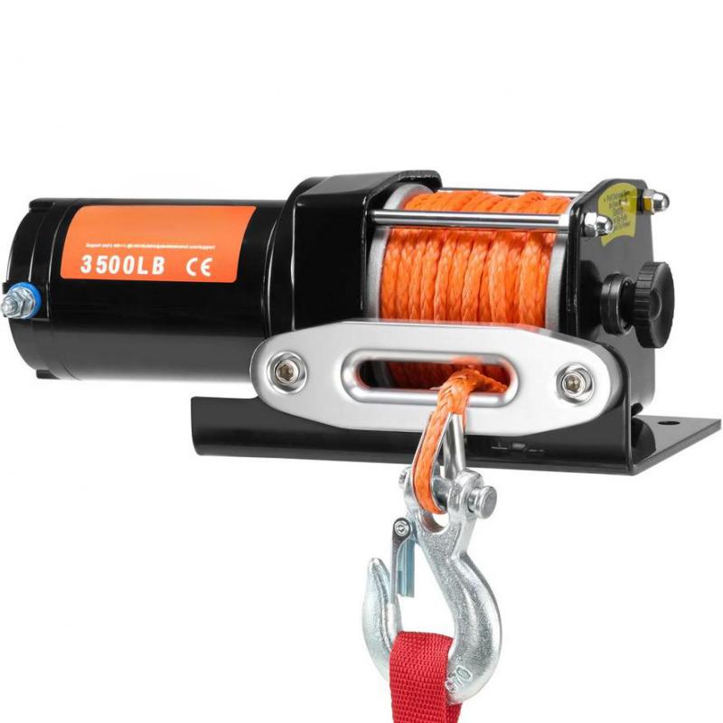 12 V-os elektromos ATV csörlő – 1588 kg húzóerő, 1,3 LE teljesítmény, 12 szálas szintetikus kötél (Ø 5 mm × 12 m),  vezetékes távirányítóval