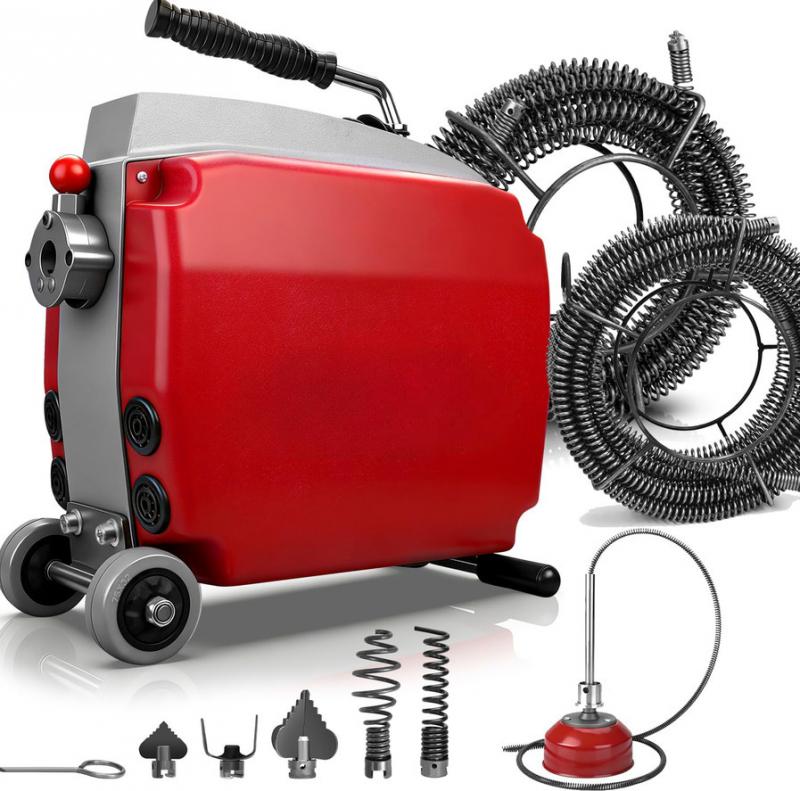 1250 W elektromos csőtisztító gép 20–200 mm csövekhez, 34,5 m spirállal, 550 ford./perc sebességgel és 5 cserélhető vágófejjel
