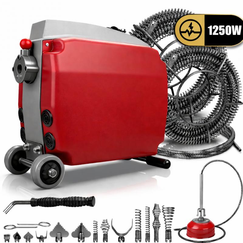 1250 W ipari csőtisztító gép, lefolyótisztító csőgörény,  20–200 mm átmérőjű csövekhez, 3 spirállal (Ø10 mm × 3 m, Ø16 mm × 15 m, Ø22 mm × 17,5 m), 13 fejjel, 550 fordulat/perc