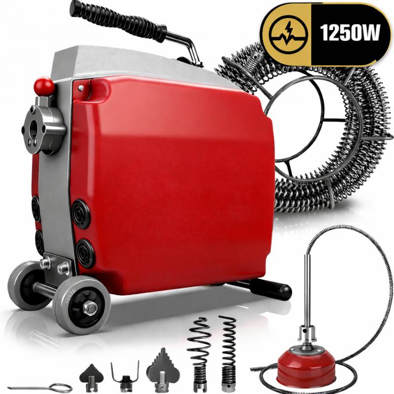1250 W professzionális elektromos lefolyó- és csőtisztító gép / csőgörény – 550 fordulat/perc, 20–200 mm csőátmérőhöz, 10 mm × 3 m és 22 mm × 17,5 m tisztítóspirállal