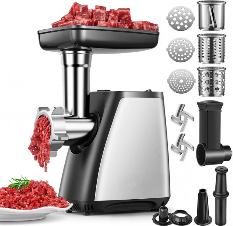 2800 W-os 4 az 1-ben elektromos húsdaráló – 1,5 kg/perc teljesítmény, kolbásztöltő, Kibbe készlet és zöldség-/sajtreszelő, rozsdamentes acél