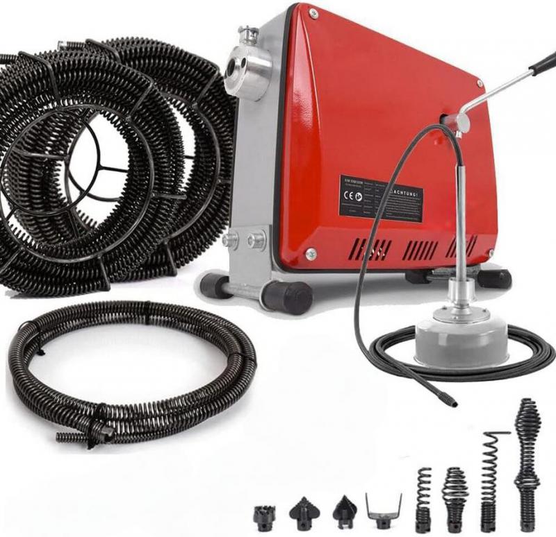 500 W elektromos csőtisztító gép, csőgörény – 450 ford./perc, 30–100 mm csőátmérőhöz, 5 m és 29 m tisztítóspirállal