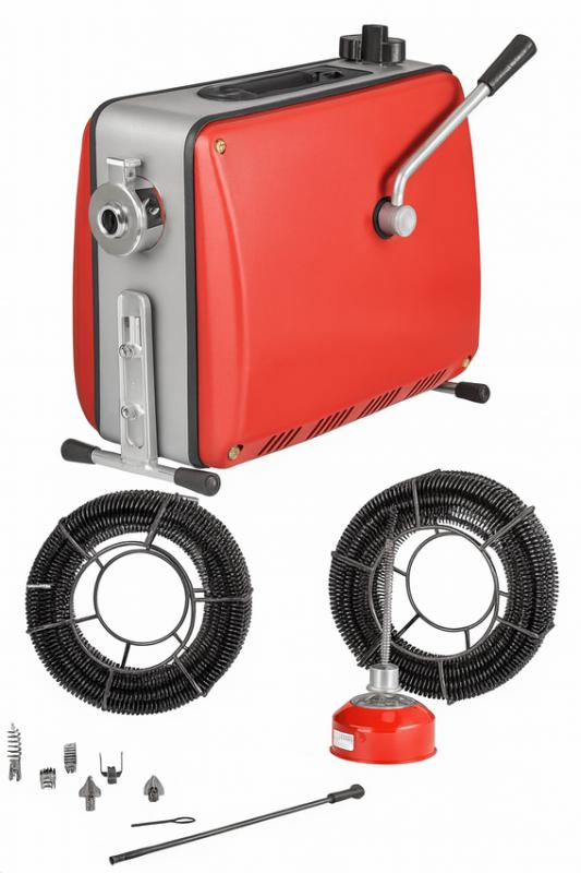 500 W-os elektromos lefolyótisztító gép Ø50–110 mm-es csövekhez, Ø16 mm-es spirállal, 45,4 m tisztítási hosszal és 6db cserélhető fejjel
