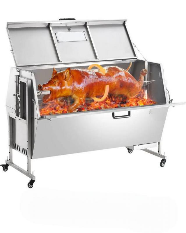 60 W-os motoros, fedeles rozsdamentes acél forgónyársas grillsütő – 142 cm-es faszenes grill, 130 kg teherbírással, zárható kerekekkel