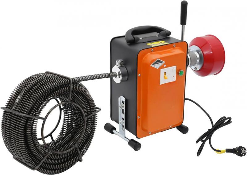 750 W elektromos csőtisztító gép, lefolyótisztító  20–150 mm csövekhez, 400 ford./perc, 16 mm × 16 m és 10 mm × 2,5 m tisztítóspirállal