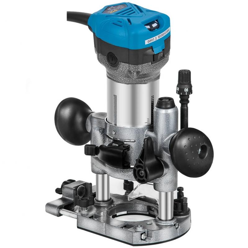 800 W-os kompakt felsőmaró készlet – változtatható fordulatszám (10 000–30 000 ford./perc), lágyindítás, merülő- és dönthető talppal, precíz mélységállítással, professzionális famegmunkáláshoz