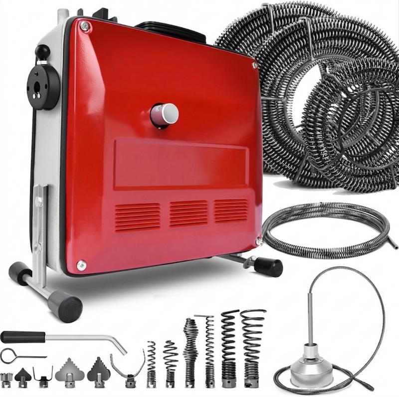 850 W elektromos csőtisztító gép 21 m (Ø22 mm), 14,5 m (Ø16 mm) és 5 m (Ø10 mm) spirállal, 20–200 mm csőátmérőhöz, 12 tisztítófejjel, 450 ford./perc