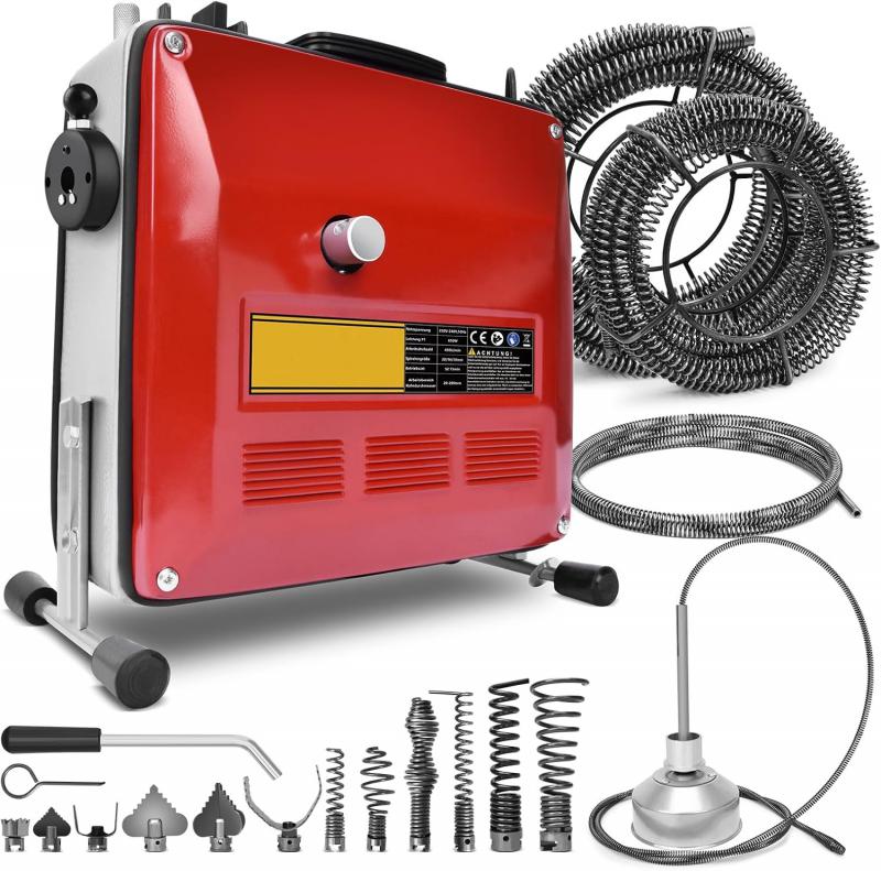 850 W ipari csőtisztító, csőgörény, lefolyótisztító gép – duguláselhárító készülék spirálokkal és 12 fejjel, Ø20–200 mm csövekhez