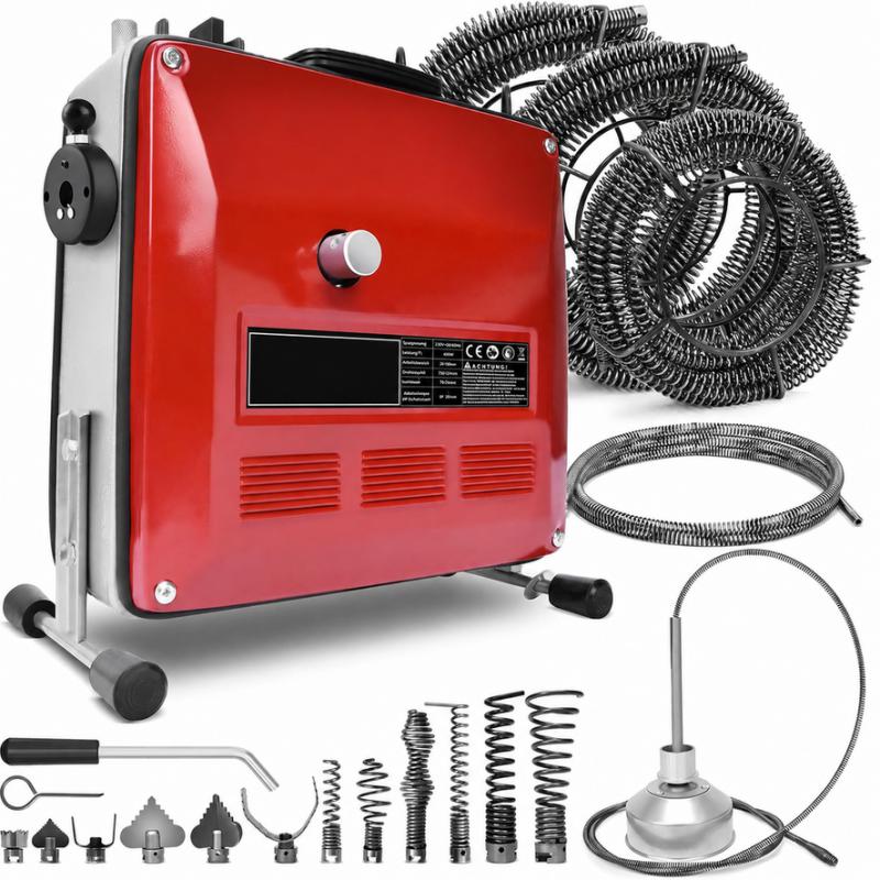 850 W-os elektromos csőtisztító gép, csőgörény 20–200 mm átmérőjű lefolyócsövekhez, Ø22 mm-es, Ø16 mm-es és Ø10 mm-es spirállal, 12 tisztítófejjel