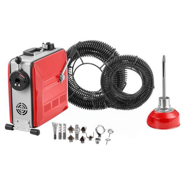 850 W-os elektromos lefolyó- és csőtisztító gép, Ø 50–200 mm, acélrugós kábelekkel és 11 vágófejjel