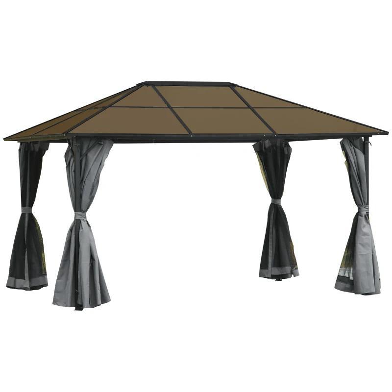 Alumínium pergola pavilon polikarbonát tetővel és függönyökkel, 300 × 400 × 260 cm, szürke