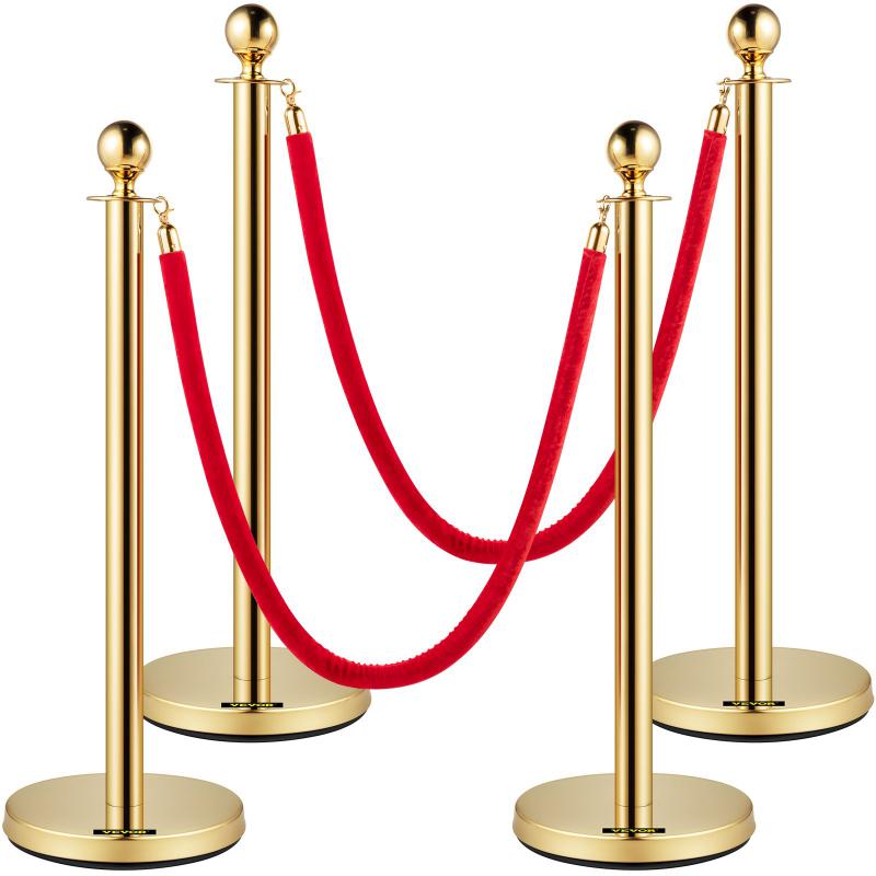 Arany színű bársony köteles tömegirányító oszlopkészlet – 4 db, 96 cm, piros flanel kötéllel (1,5 m)