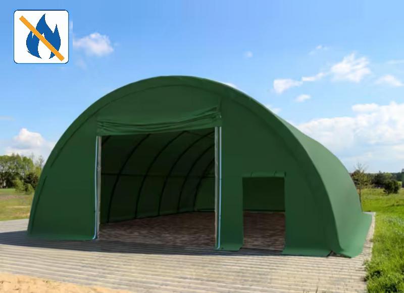 Csarnoksátor, mezőgazdasági sátor 9,15x20m, ponyva tűzálló, sötét zöld, statikai megerősítéssel (183m²)