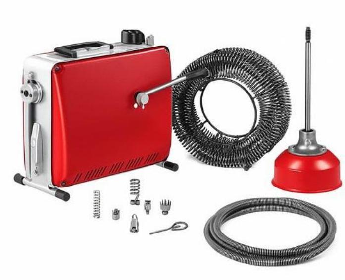 Csőtisztító gép lefolyótisztító duguláselhárító gép motor 390 W, Ø 50–110 mm, 6 vágófej, rugós kábelek: 8 m×9,5 mm / 12 m×16 mm / 4,5 m×16 mm