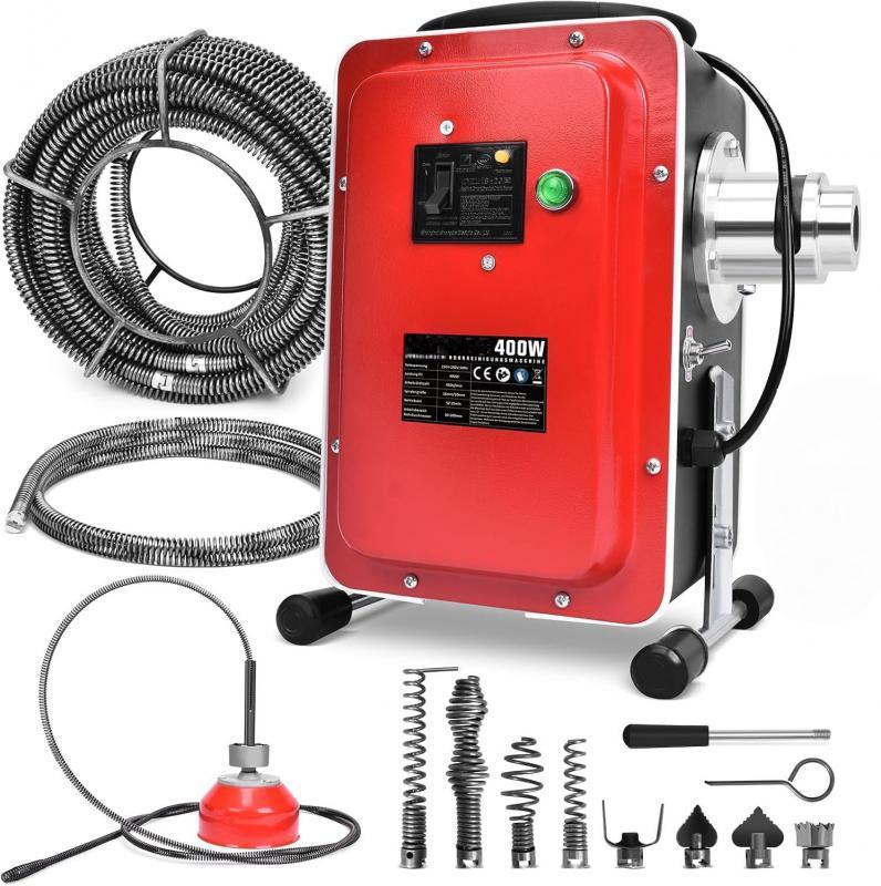 Csőtisztító gép  lefolyótisztító duguláselhárító gép motor 400 W,30–100 mm csövekhez, 5 m-es (Ø10 mm) és 18,5 m-es (Ø16 mm) spriállal