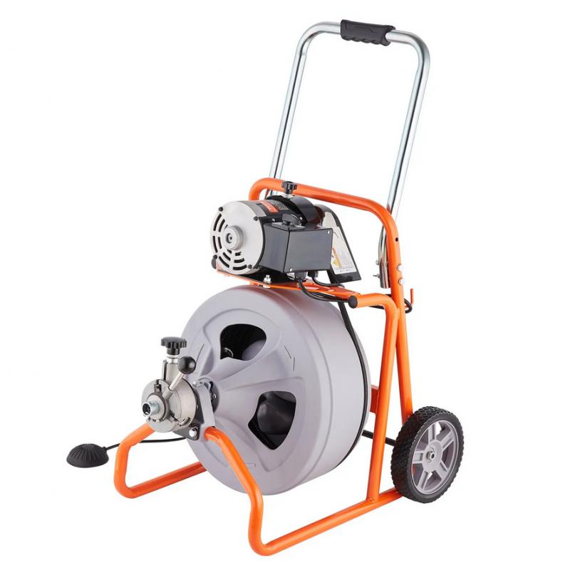 Elektromos lefolyótisztító, csőtisztító gép 23 m hosszú, 12,7 mm átmérőjű acélkábellel – automatikus adagolással és 8 vágófejjel