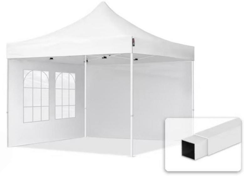 Extra erős Pop-up összecsukható pavilon, rendezvénysátor piacisátor 3x3 m, PVC ponyva, 2 db oldalfallal, fehér – stabil acélszerkezet, állítható magasság, 100% vízálló
