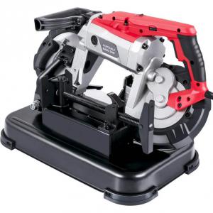 1100 W-os fémvágó szalagfűrész – nagy vágási kapacitás, 44–143 m/perc sebesség, állítható (0–45°) talp, 220 V