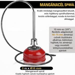 1250 W ipari csőtisztító gép, lefolyótisztító csőgörény,  20–200 mm átmérőjű csövekhez, 3 spirállal (Ø10 mm × 3 m, Ø16 mm × 15 m, Ø22 mm × 17,5 m), 13 fejjel, 550 fordulat/perc