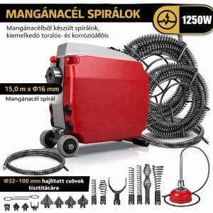 1250 W ipari csőtisztító gép, lefolyótisztító csőgörény,  20–200 mm átmérőjű csövekhez, 3 spirállal (Ø10 mm × 3 m, Ø16 mm × 15 m, Ø22 mm × 17,5 m), 13 fejjel, 550 fordulat/perc