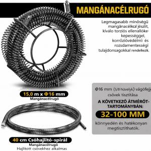 1250 W ipari csőtisztító gép, lefolyótisztító csőgörény,  20–200 mm átmérőjű csövekhez, 3 spirállal (Ø10 mm × 3 m, Ø16 mm × 15 m, Ø22 mm × 17,5 m), 13 fejjel, 550 fordulat/perc