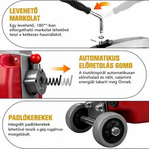 1250 W ipari csőtisztító gép, lefolyótisztító csőgörény,  20–200 mm átmérőjű csövekhez, 3 spirállal (Ø10 mm × 3 m, Ø16 mm × 15 m, Ø22 mm × 17,5 m), 13 fejjel, 550 fordulat/perc