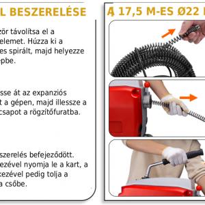 1250 W professzionális elektromos lefolyó- és csőtisztító gép / csőgörény – 550 fordulat/perc, 20–200 mm csőátmérőhöz, 10 mm × 3 m és 22 mm × 17,5 m tisztítóspirállal