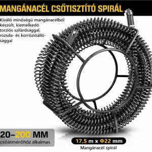 1250W Ipari lefolyótisztító, csőtisztító gép, csőgörény – 550 fordulat/perc, 20–200 mm átmérőjű csövekhez, 10 mm × 3 m és 22 mm × 17,5 m tisztítóspirállal