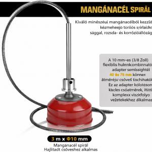 1250W Ipari lefolyótisztító, csőtisztító gép, csőgörény – 550 fordulat/perc, 20–200 mm átmérőjű csövekhez, 10 mm × 3 m és 22 mm × 17,5 m tisztítóspirállal