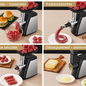 2800 W-os 4 az 1-ben elektromos húsdaráló – 1,5 kg/perc teljesítmény, kolbásztöltő, Kibbe készlet és zöldség-/sajtreszelő, rozsdamentes acél