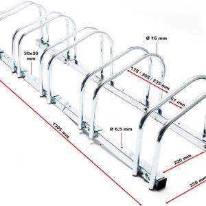 5 férőhelyes acél kerékpártároló padlóra rögzíthető kivitelben – 1305 × 320 × 265 mm, szürke