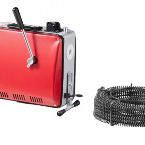 500 W-os elektromos lefolyótisztító gép Ø50–110 mm-es csövekhez, Ø16 mm-es spirállal, 45,4 m tisztítási hosszal és 6db cserélhető fejjel