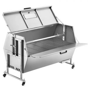 60 W-os motoros, fedeles rozsdamentes acél forgónyársas grillsütő – 142 cm-es faszenes grill, 130 kg teherbírással, zárható kerekekkel