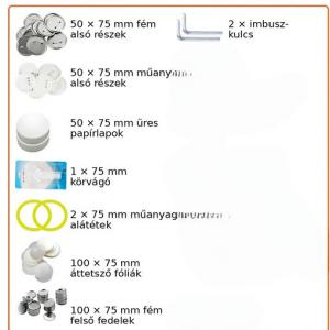 75 mm-es gomb- és kitűzőkészítő gép készlet 100 db alkatrésszel, körkivágóval