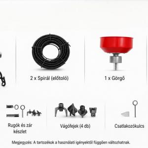750 W elektromos csőtisztító gép, lefolyótisztító  20–150 mm csövekhez, 400 ford./perc, 16 mm × 16 m és 10 mm × 2,5 m tisztítóspirállal