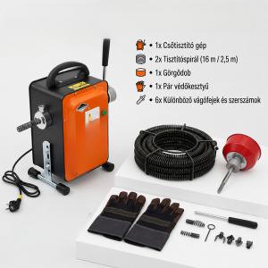 750 W elektromos csőtisztító gép, lefolyótisztító  20–150 mm csövekhez, 400 ford./perc, 16 mm × 16 m és 10 mm × 2,5 m tisztítóspirállal